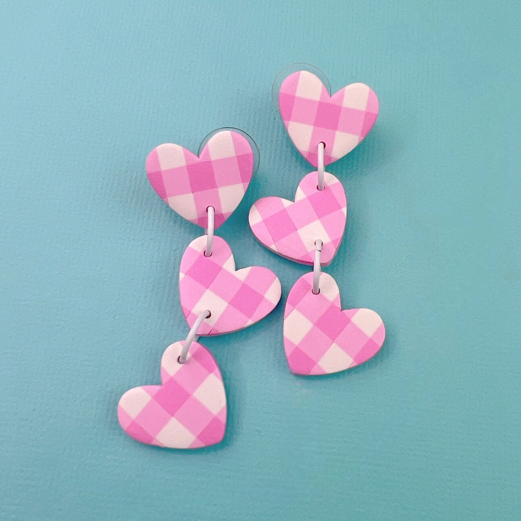 Pink gingham stacked heart stud earrings