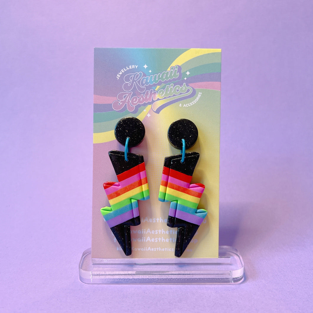 Black and rainbow lightning polymer clay stud earrings