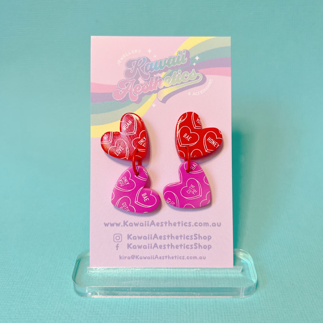 Mini pink and red convo heart stud earrings