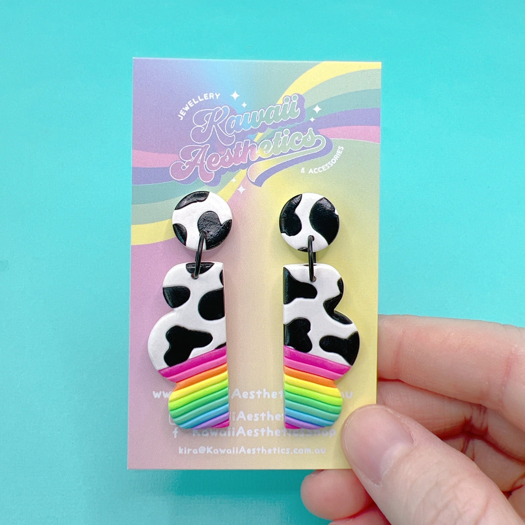 Rainbow and cow print scalloped polymer clay stud earrings