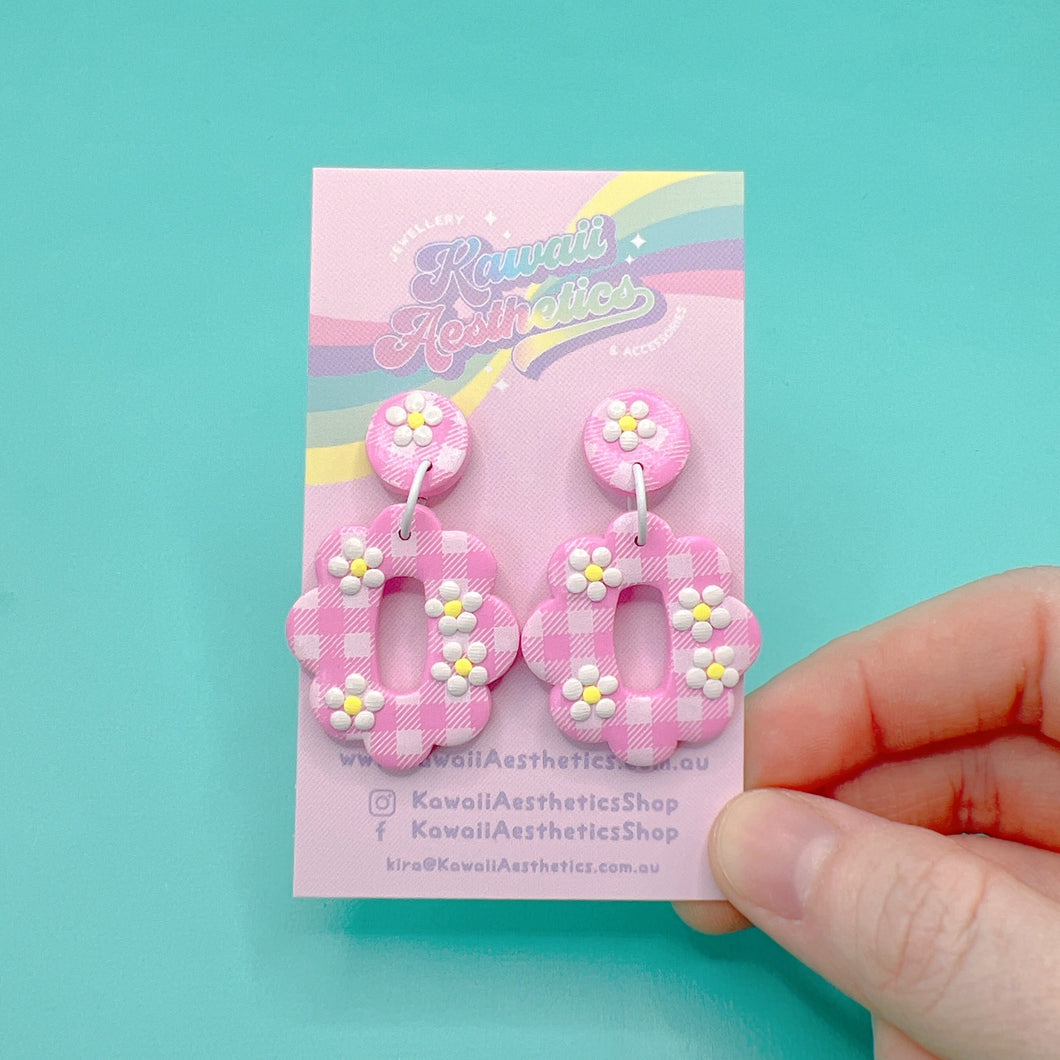 Pastel pink gingham floral oval polymer clay stud earrings