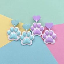 Load image into Gallery viewer, Aqua or purple paw print polymer clay stud earrings
