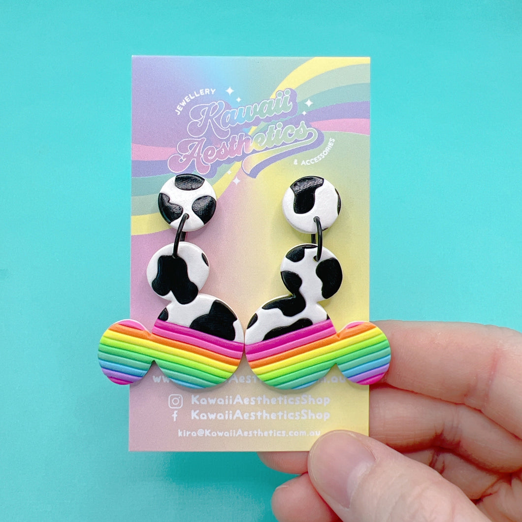 Rainbow and cow print mickey polymer clay stud earrings