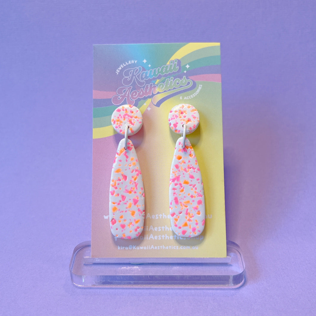 White, pink and orange speckled teardrop polymer clay stud earrings