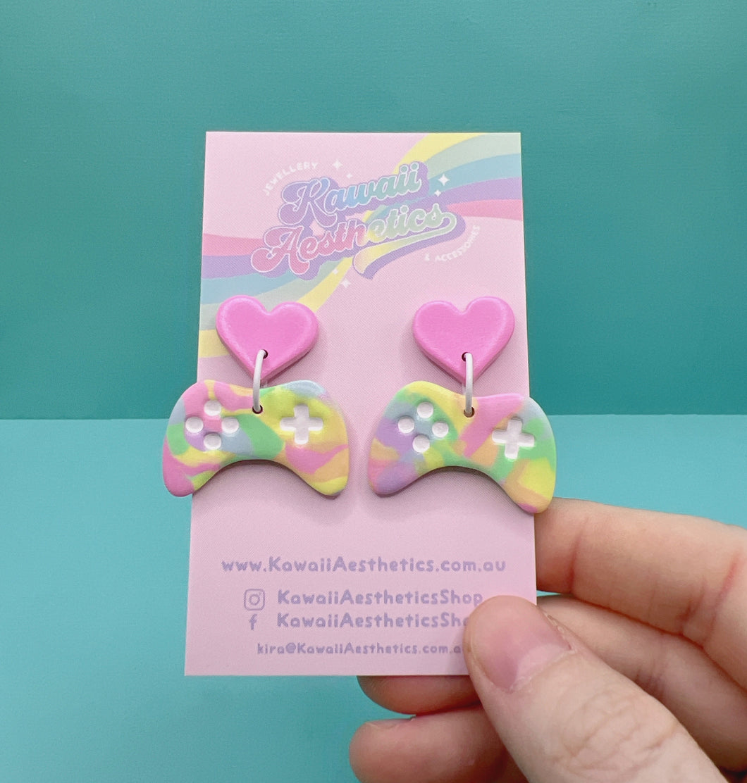 Rainbow polymer clay controller stud earrings