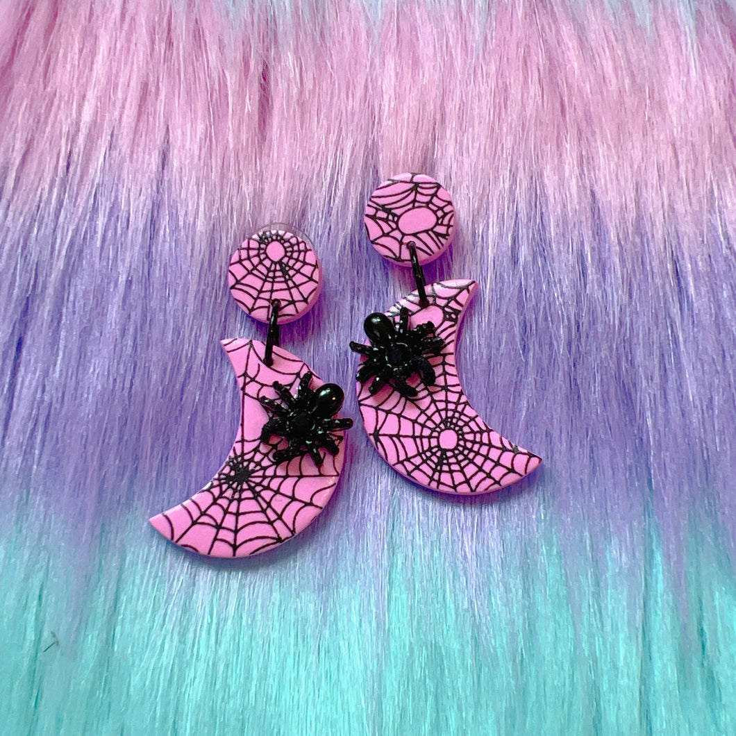 Pink web crescent stud earrings