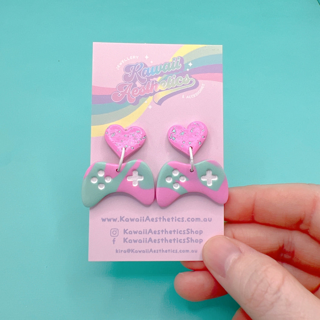 Pink and aqua polymer clay controller stud earrings