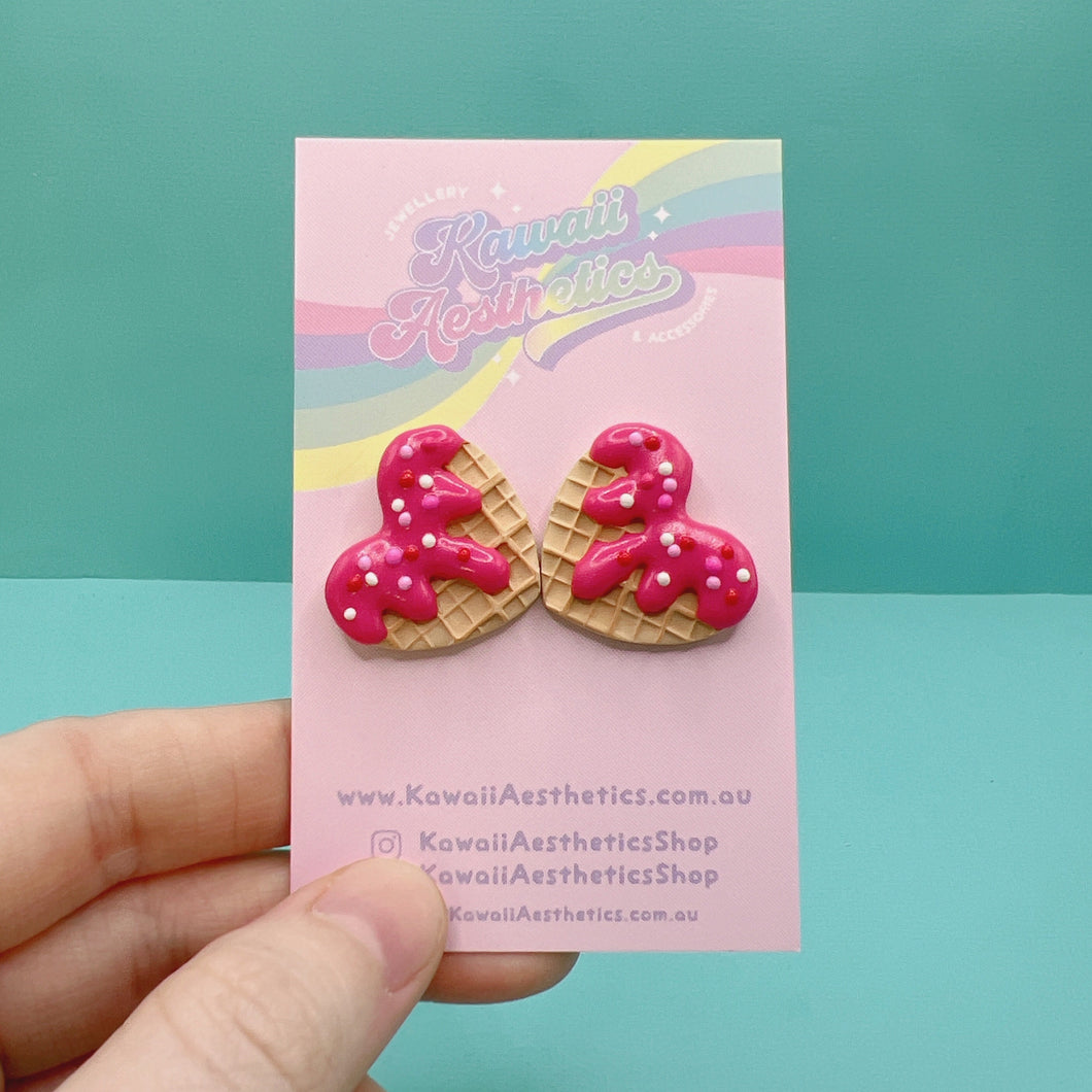 Red frosted waffle heart polymer clay stud earrings