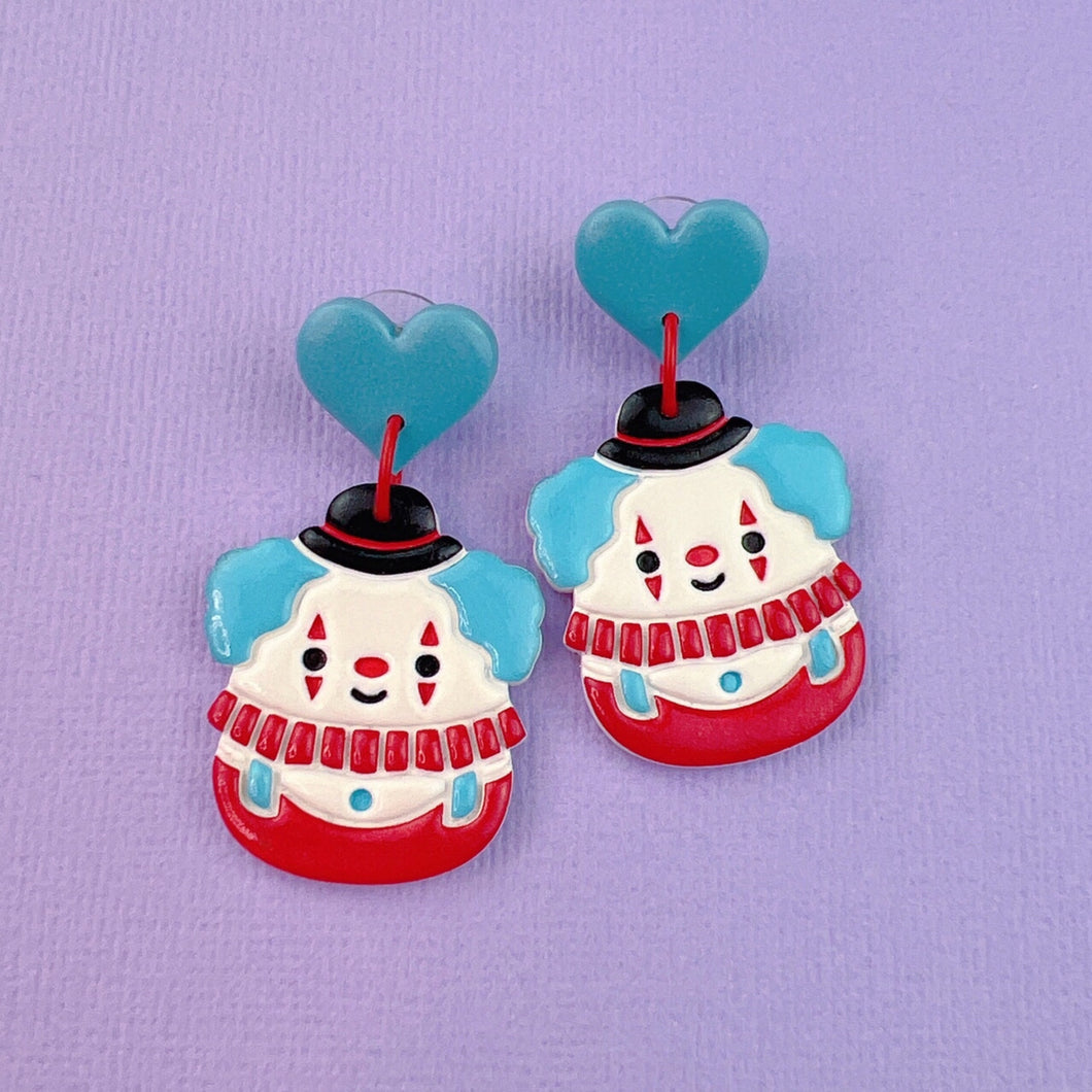 Blue and red clown stud earrings