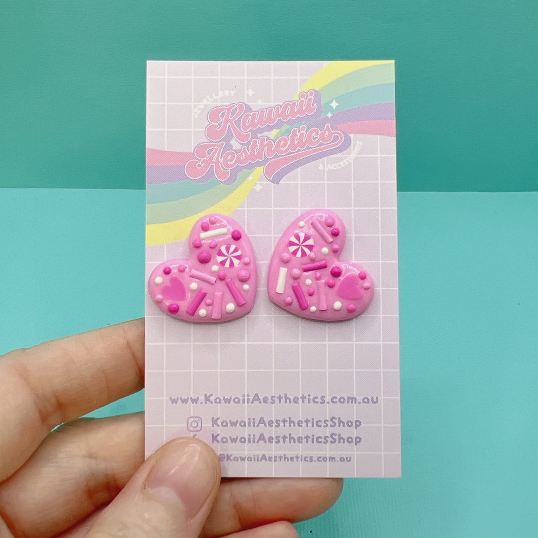 Pink Valentine’s heart sprinkle polymer clay stud earrings