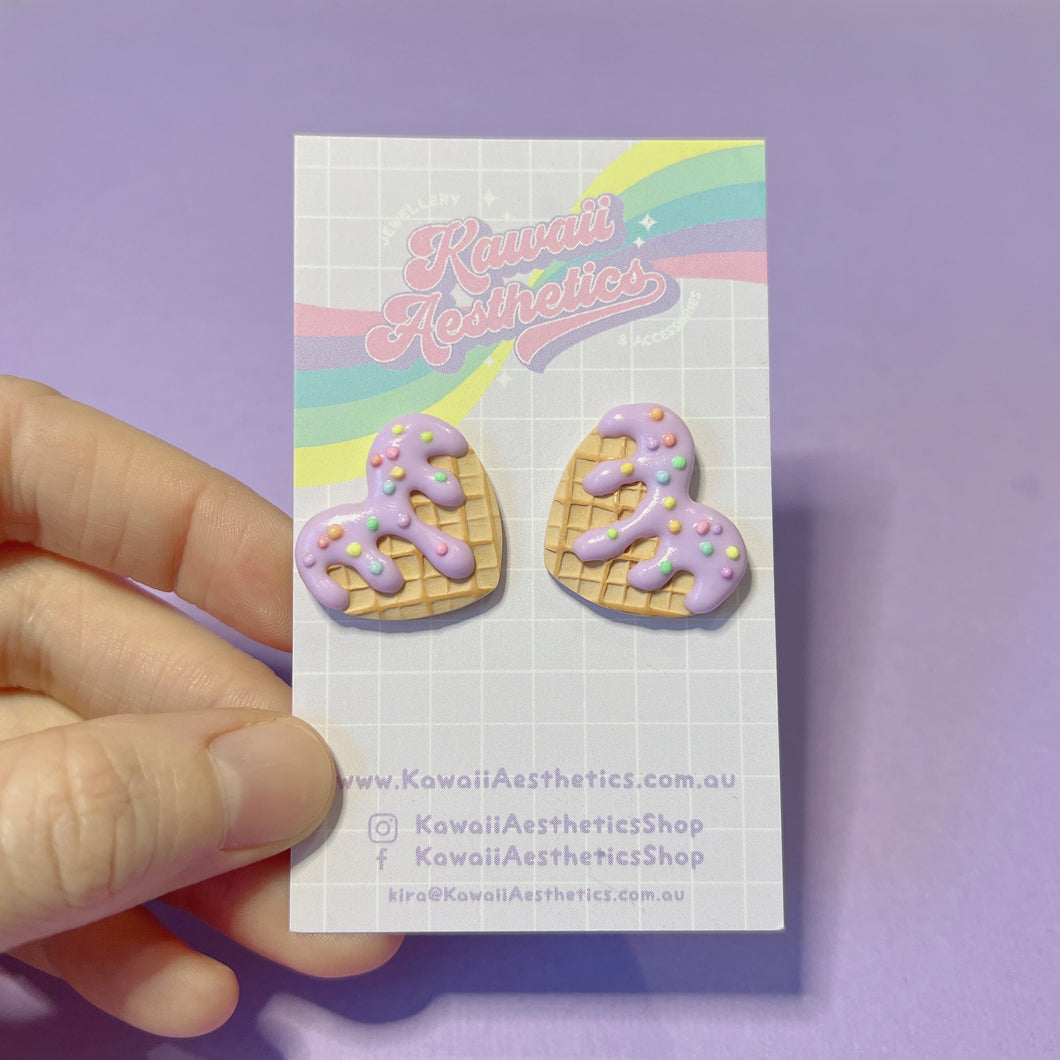 Purple sprinkle waffle heart polymer clay stud earrings