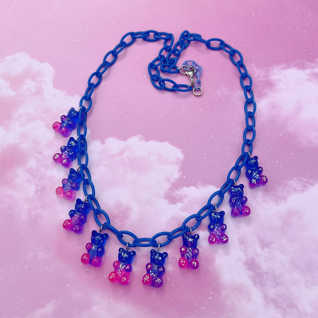 Pink and dark blue resin gummy bear charm necklace