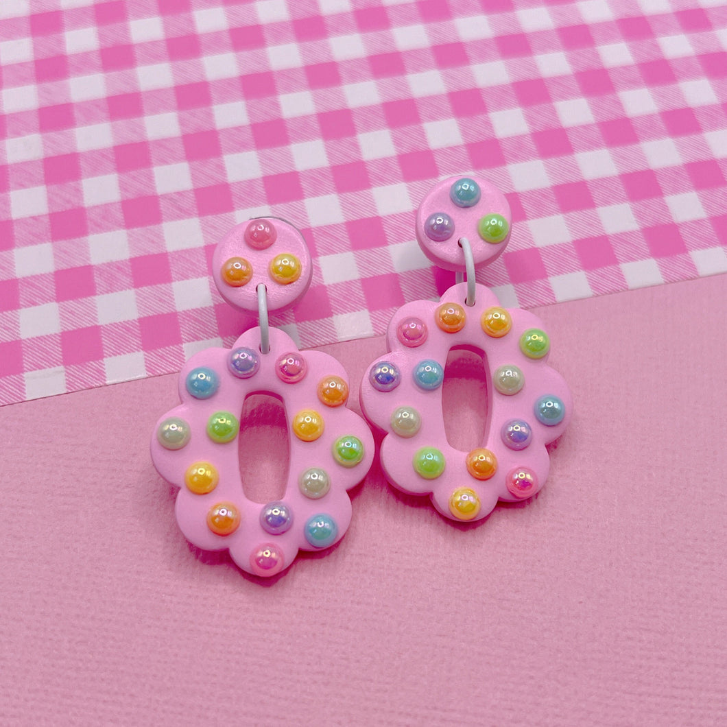 Pastel pink and rainbow oval polymer clay stud earrings