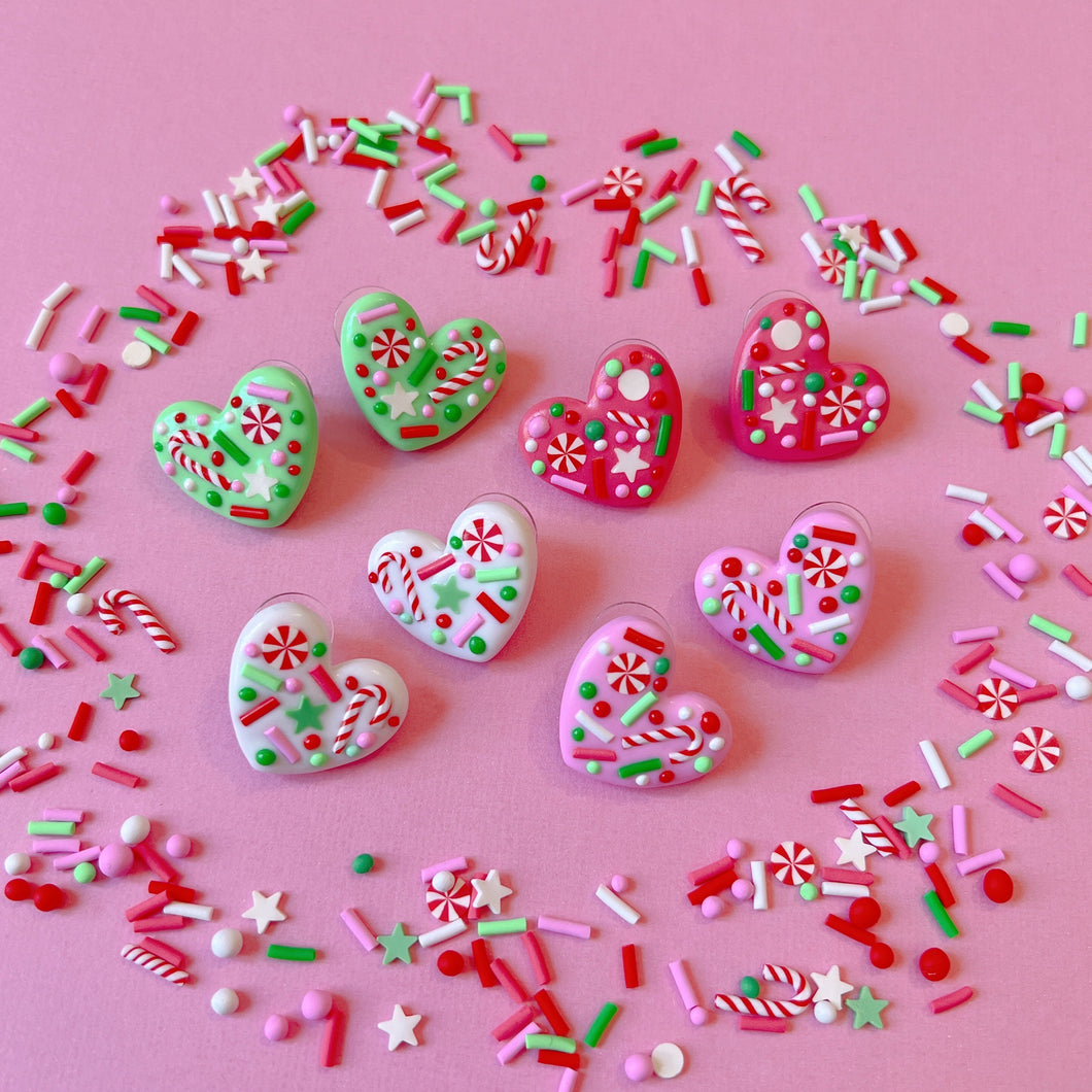Christmas frosted sprinkle heart polymer clay stud earrings