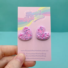 Load image into Gallery viewer, Rainbow frosted sprinkle heart polymer clay stud earrings
