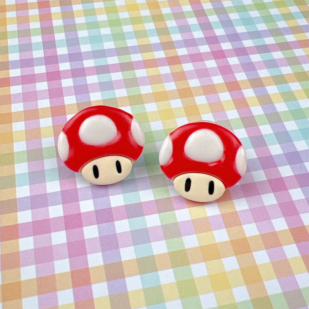 Red and white toad mushroom stud earrings