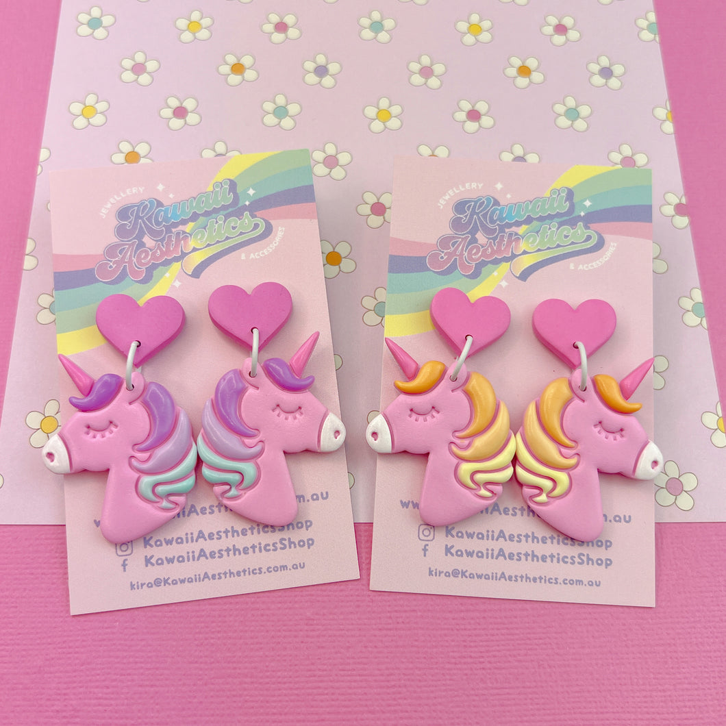 Pink, orange and yellow unicorn stud earrings
