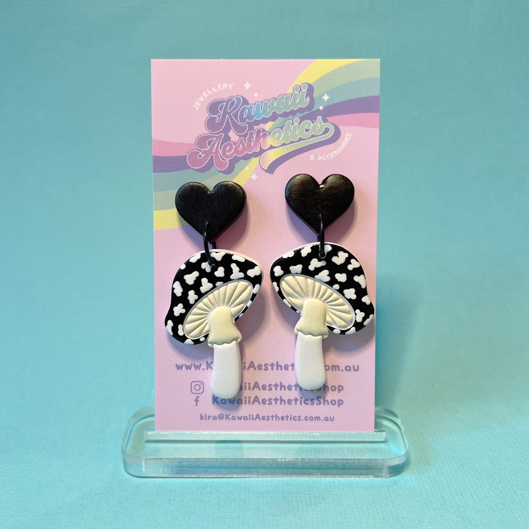 Black mushroom polymer clay stud earrings