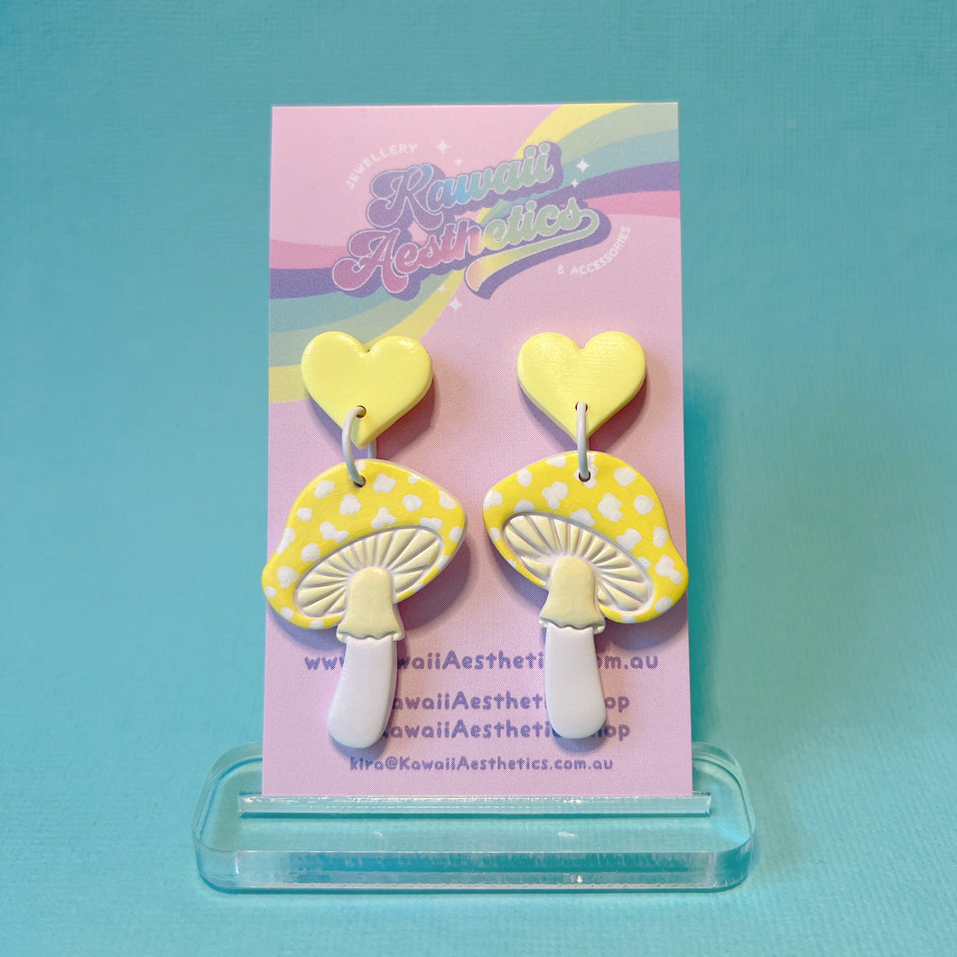 Yellow mushroom polymer clay stud earrings