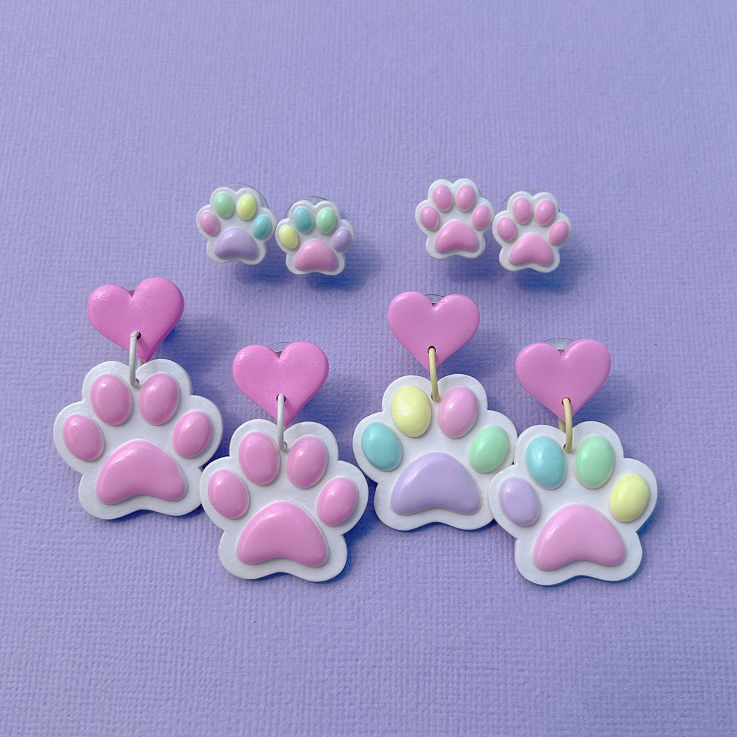 Large pastel paw print polymer clay stud earrings