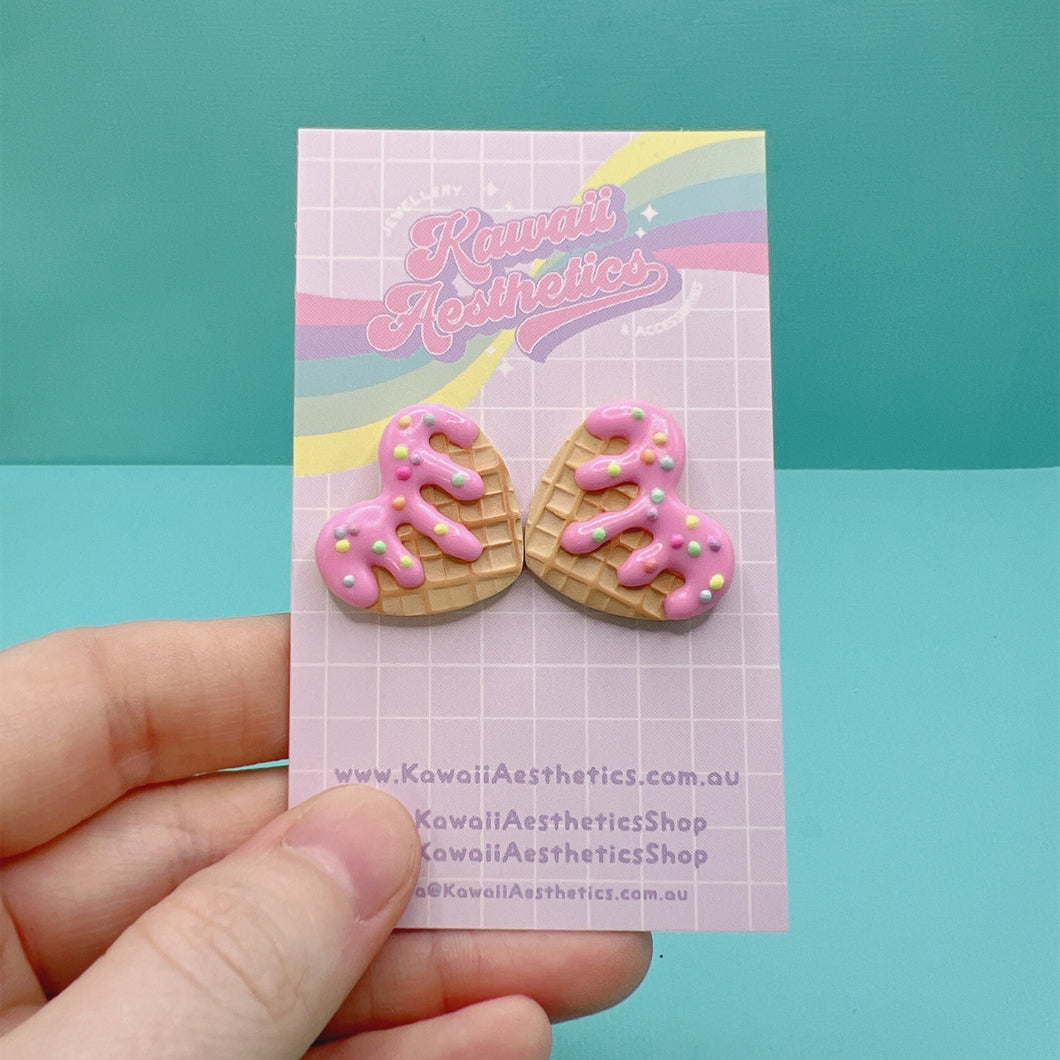 Pink and rainbow waffle heart polymer clay stud earrings