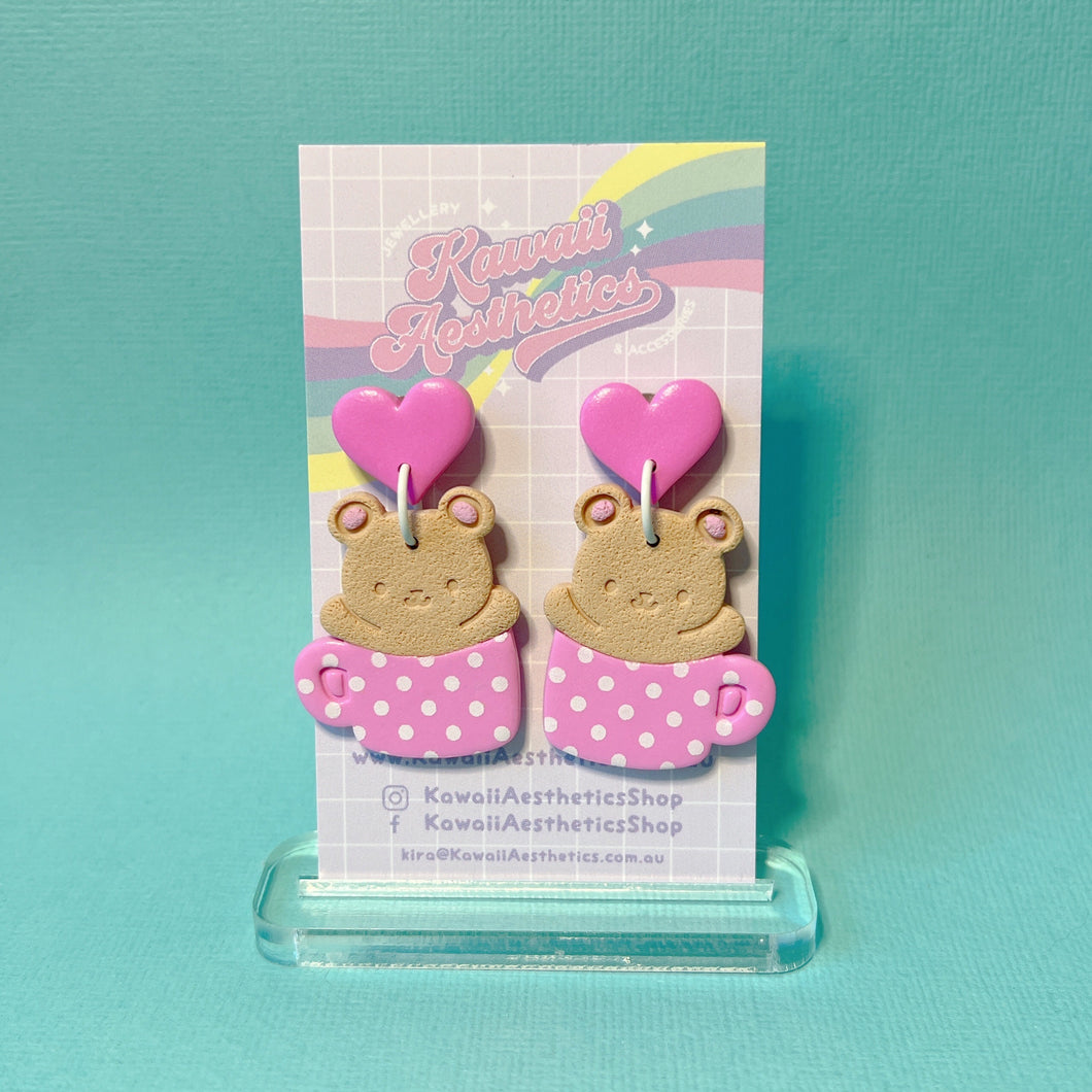 Pink/brown teddy in cup polymer clay stud earrings