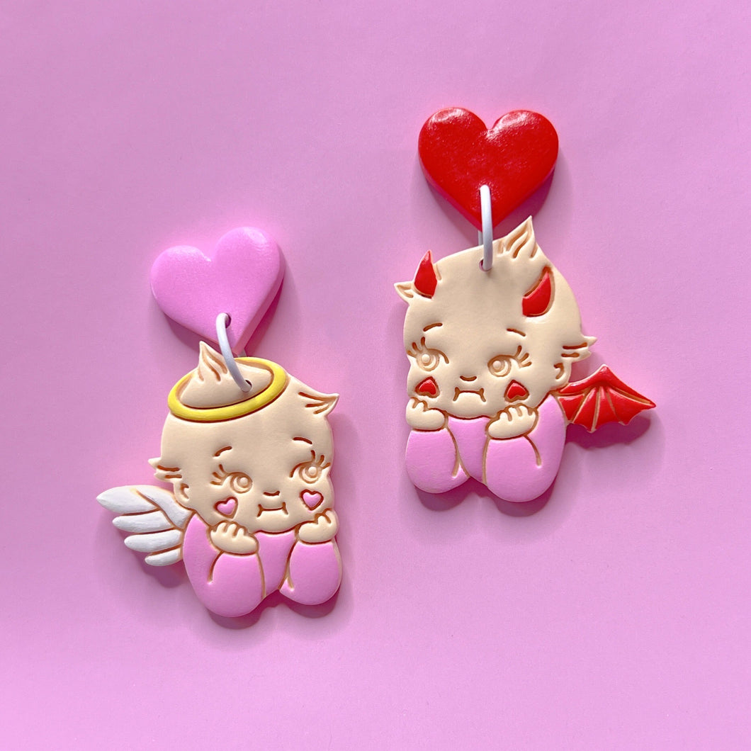 Devil and angel kewpie polymer clay stud earrings