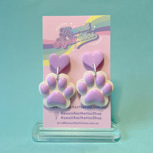 Load image into Gallery viewer, Aqua or purple paw print polymer clay stud earrings
