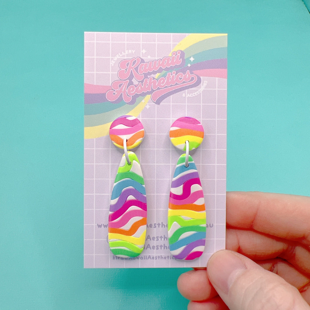 Wavy rainbow teardrop polymer clay stud earrings