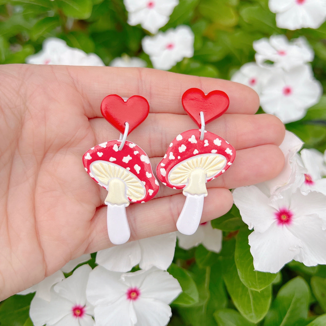 Red mushroom polymer clay stud earrings