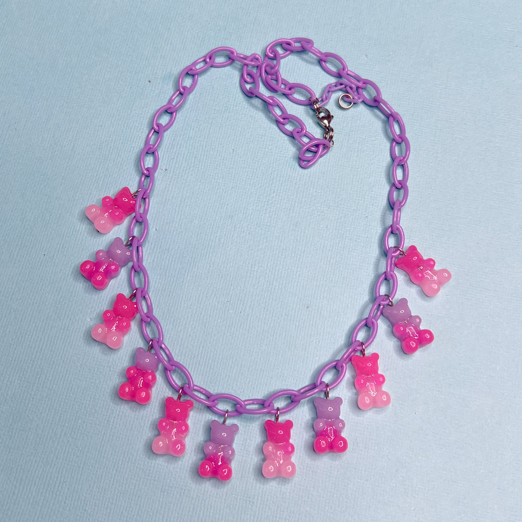 Pink and purple ombre resin gummy bear charm necklace