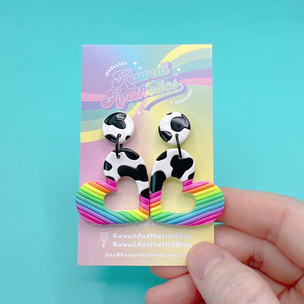 Rainbow and cow print heart polymer clay stud earrings