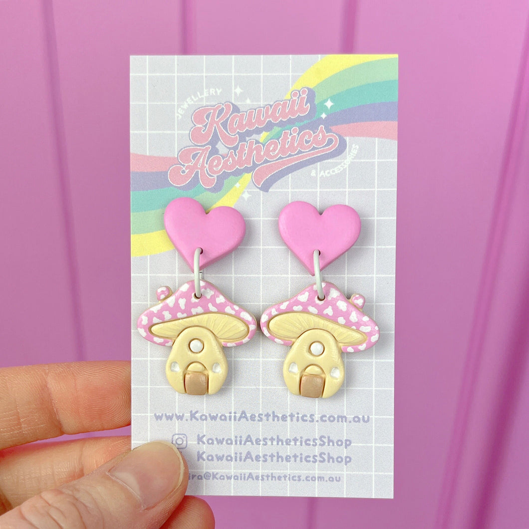 Pink mushroom house stud earrings
