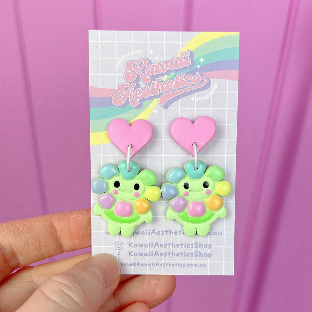 Rainbow flower frog stud earrings