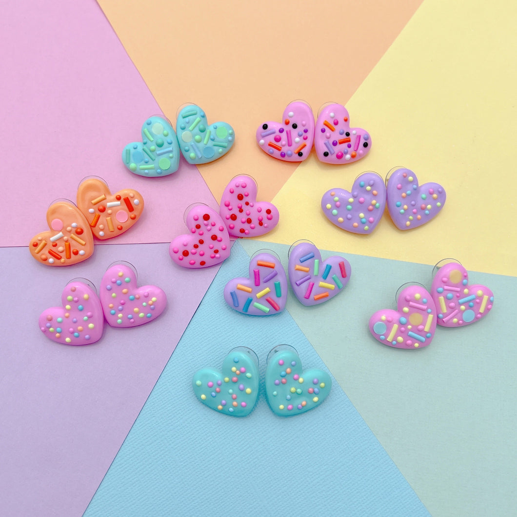 Rainbow frosted sprinkle heart polymer clay stud earrings