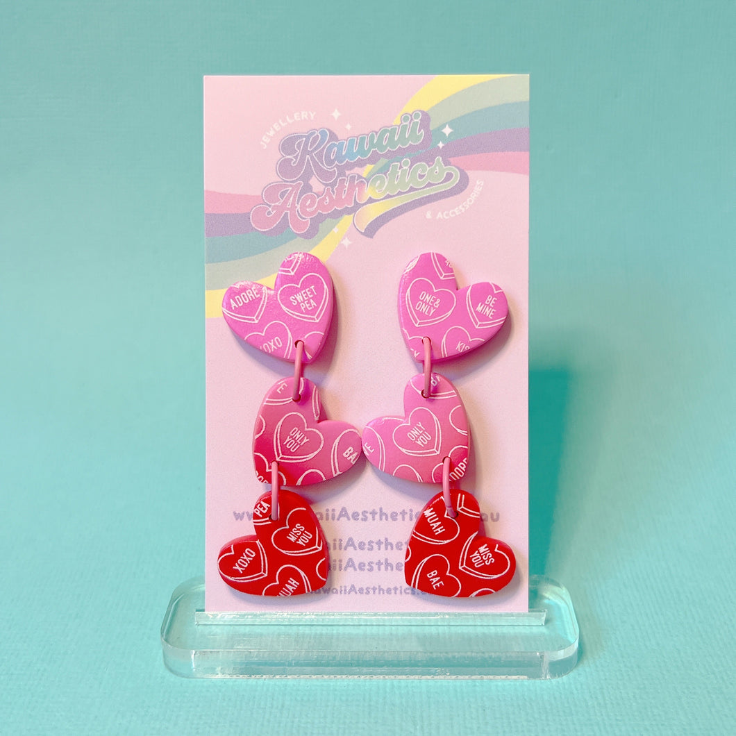 Pink and red ombre convo heart stud earrings