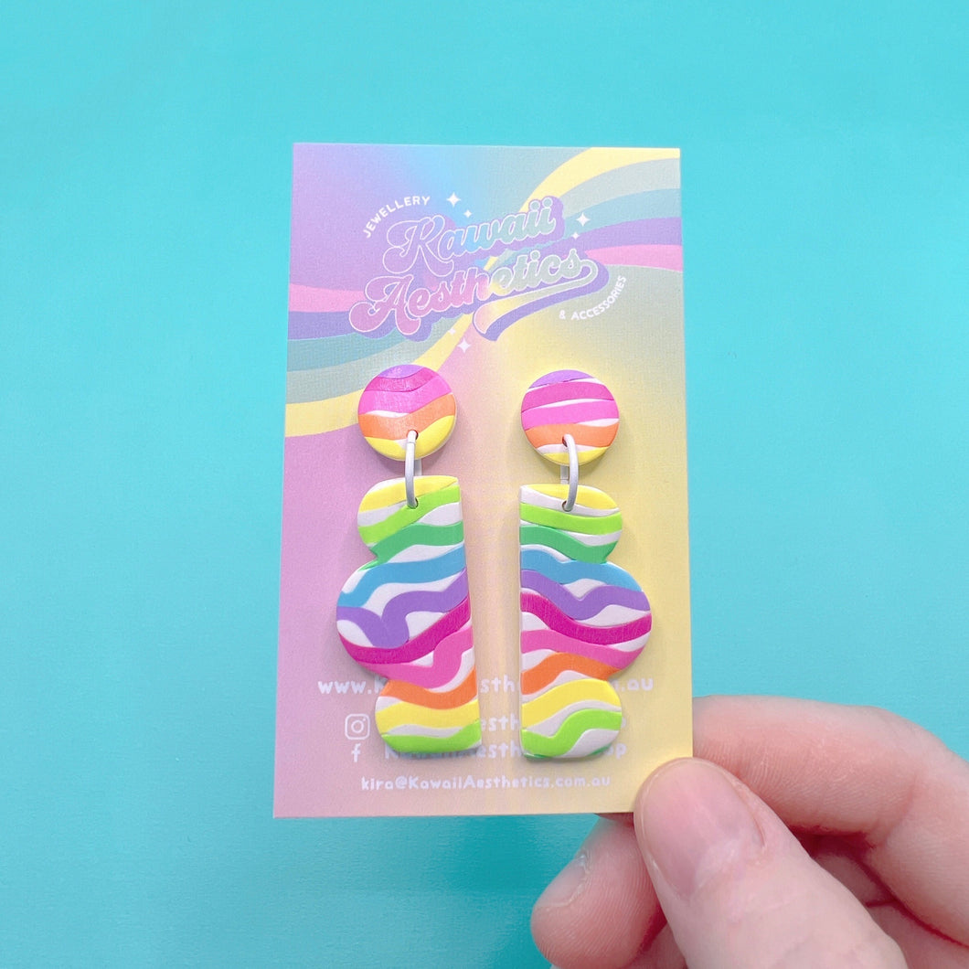 Wavy rainbow scalloped polymer clay stud earrings