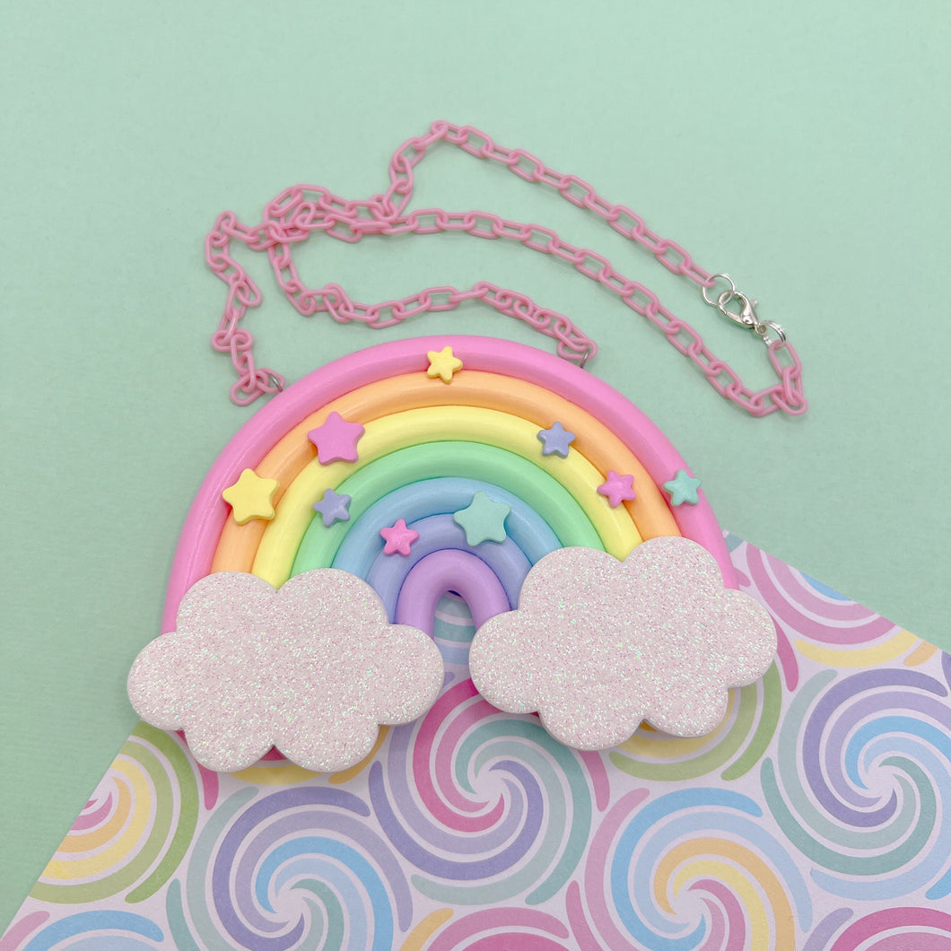 Rainbow cloud polymer clay statement necklace