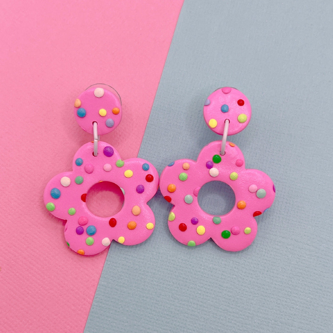 Pink rainbow polka dot flower polymer clay stud earrings