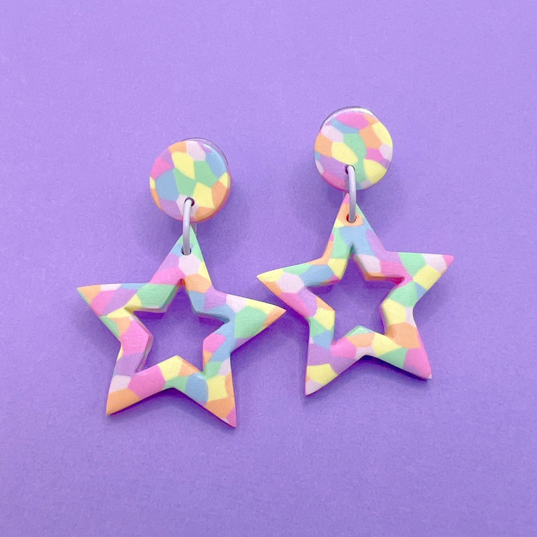 Pastel rainbow patterned star polymer clay stud earrings