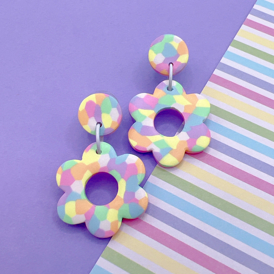 Pastel rainbow patterned flower polymer clay stud earrings