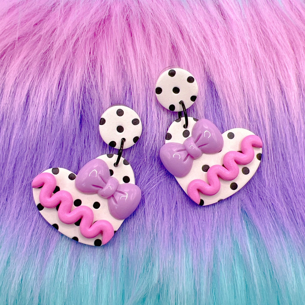 Black and white and pink polka dot polymer clay stud earrings