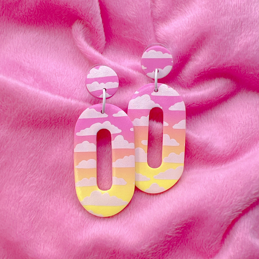 Pink and yellow ombré cloud print oval polymer clay stud earrings