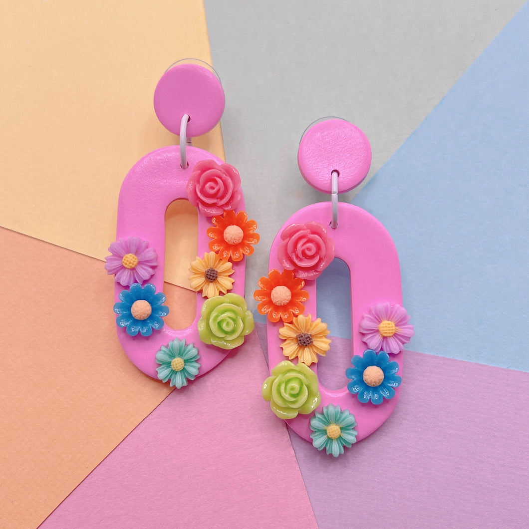 Pink and rainbow floral charm polymer clay stud earrings