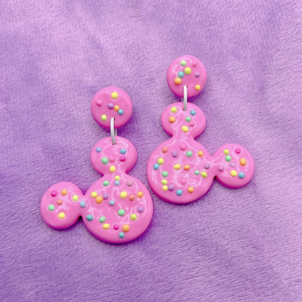 Pastel pink frosted Mickey polymer clay stud earrings with sprinkles