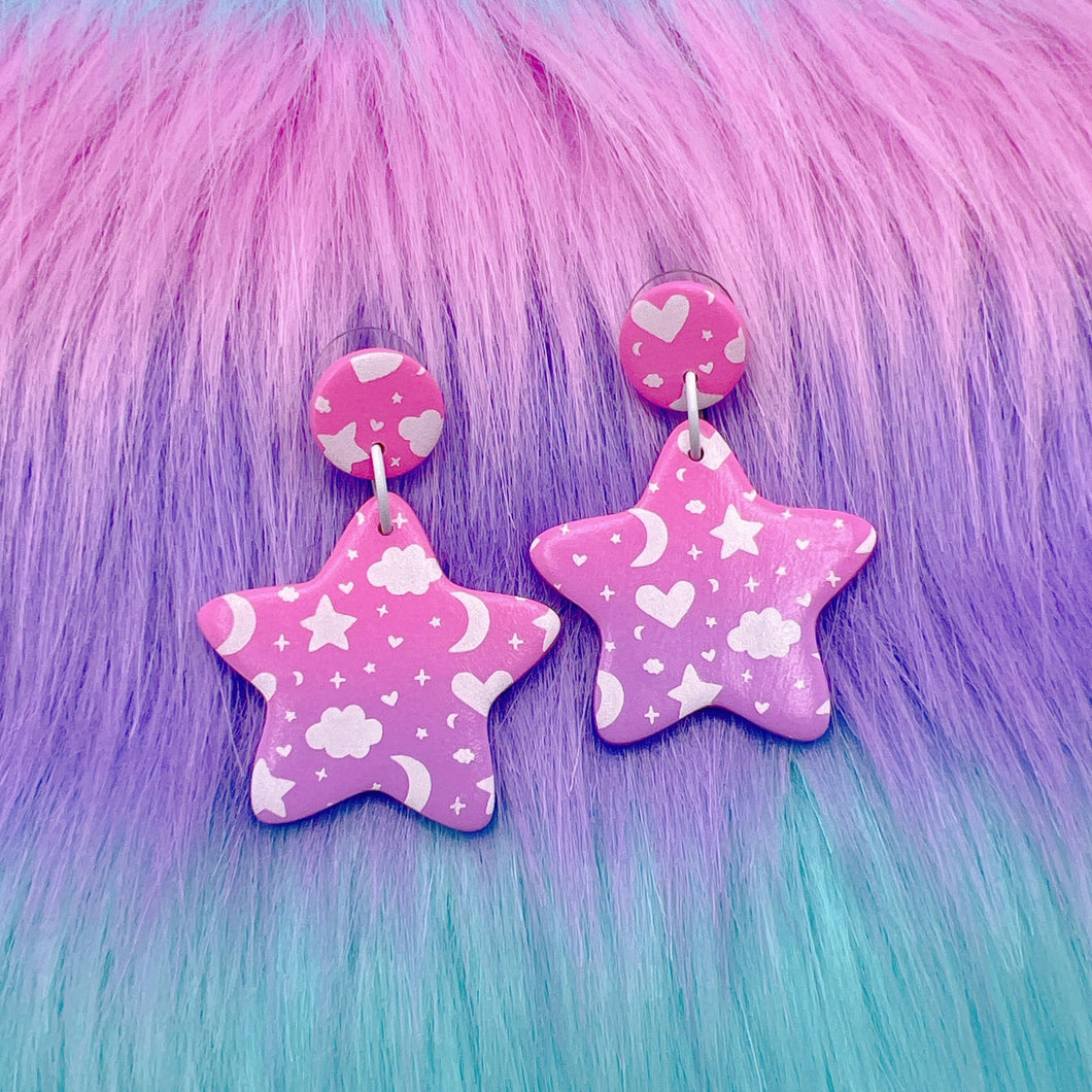 Pastel pink/purple ombre star polymer clay stud earrings