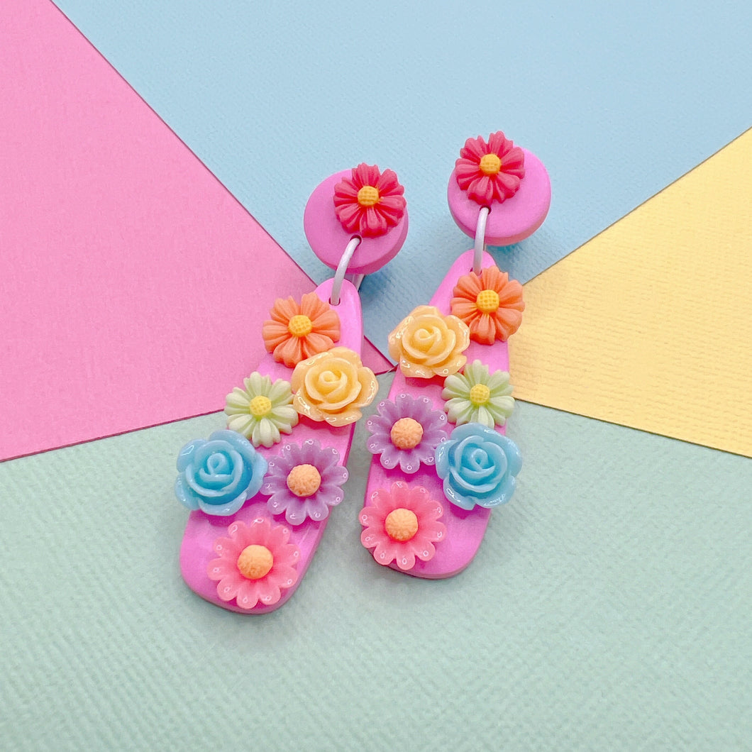 Pink and rainbow floral polymer clay teardrop stud earrings