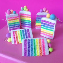 Load image into Gallery viewer, Rainbow cake slice polymer clay earrings
