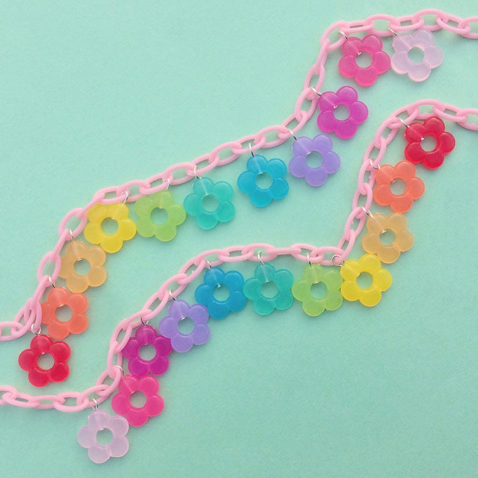 Rainbow flower bead necklace with plastic chain 