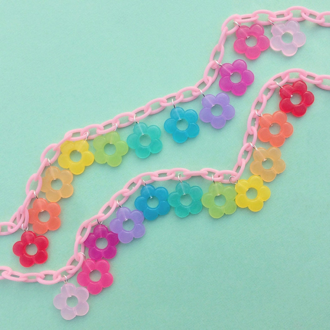 Rainbow flower bead necklace with plastic chain 